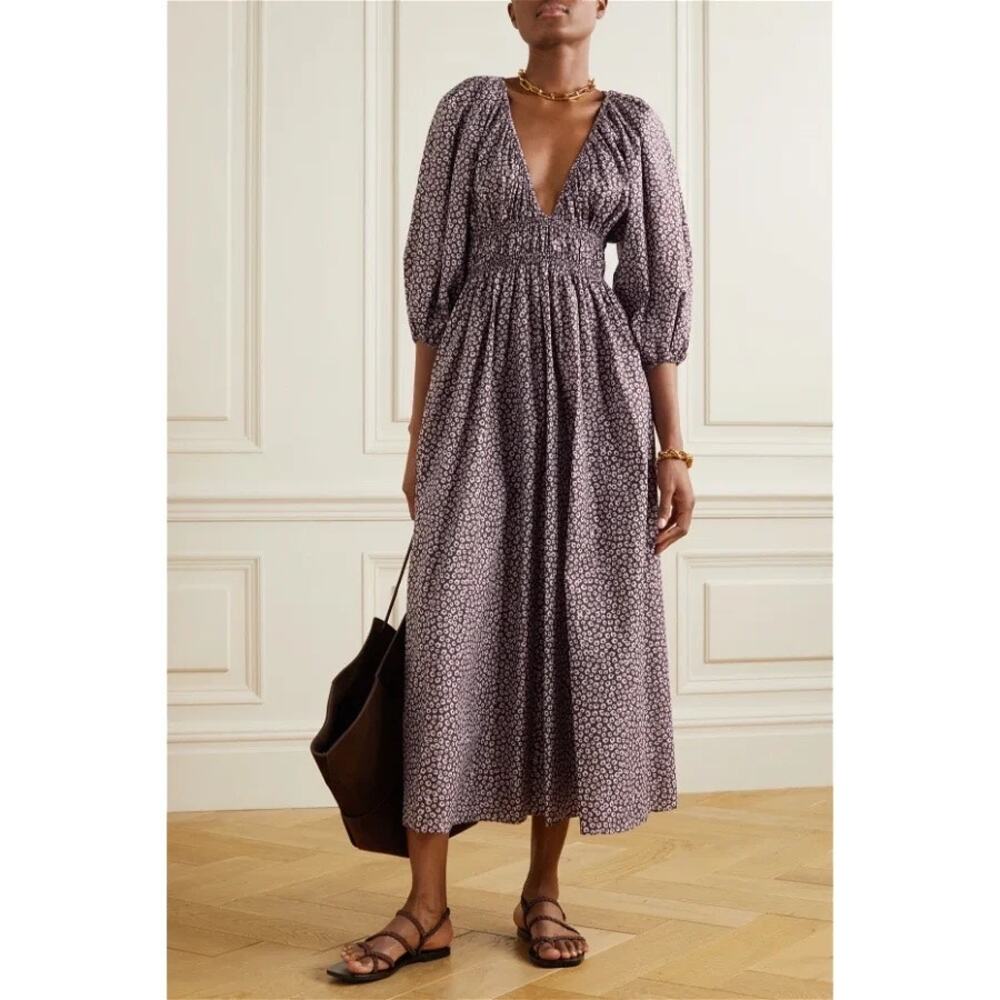 Matteau NWT Shirred Floral-Print Organic Cotton-Poplin Maxi Dress 10 AU 6 US